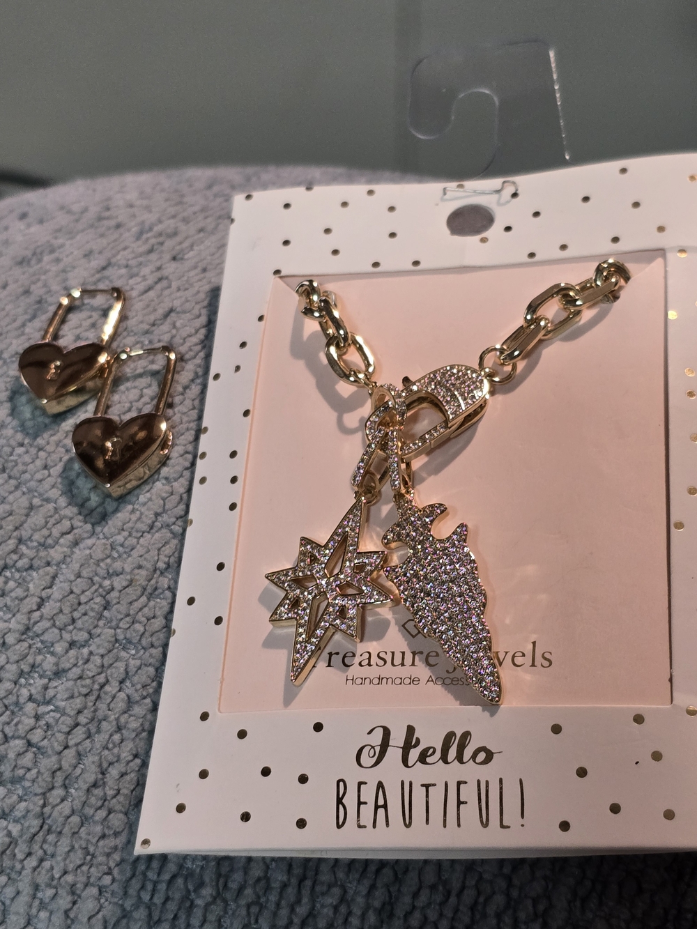 Treasure Jewels Hello Beautiful Gold Plated Crystal Star & Wing Charm Necklace